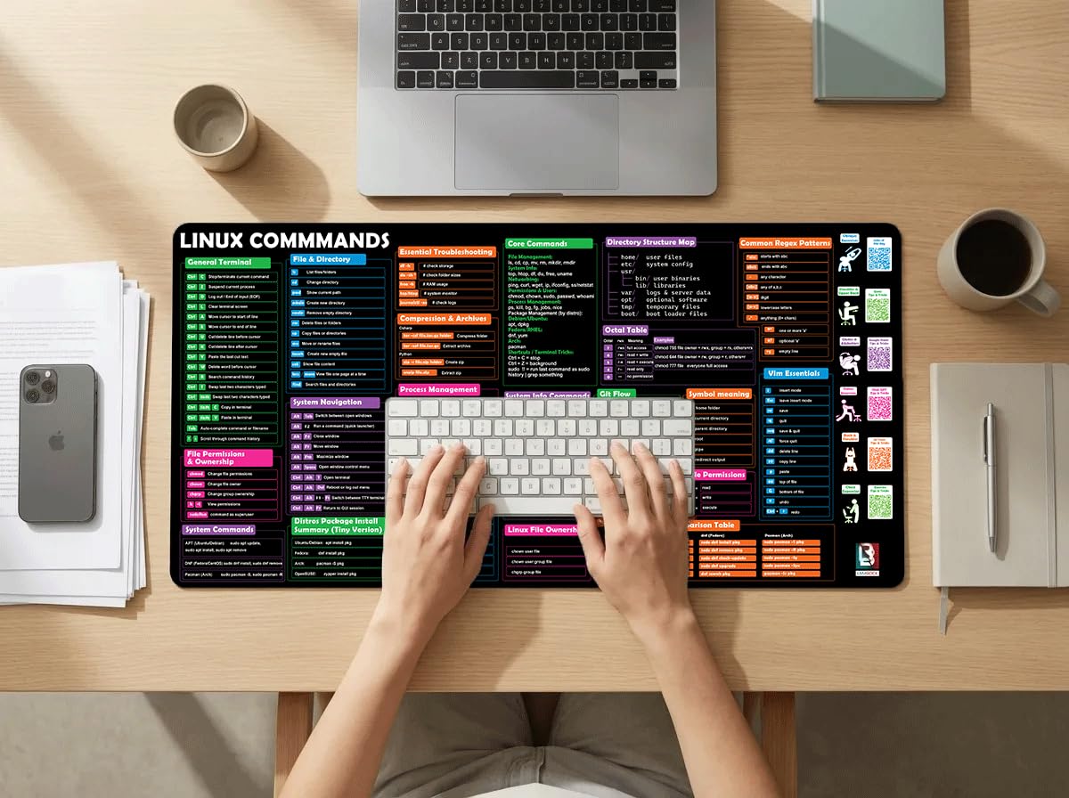 Linux Commands - Tappetino da scrivania e tappetino per mouse, grande tappetino per mouse esteso con scorciatoie terminali, comandi Bash, Git & Vim Essentials, tappetino da scrivania Linux/Ubuntu/Arch