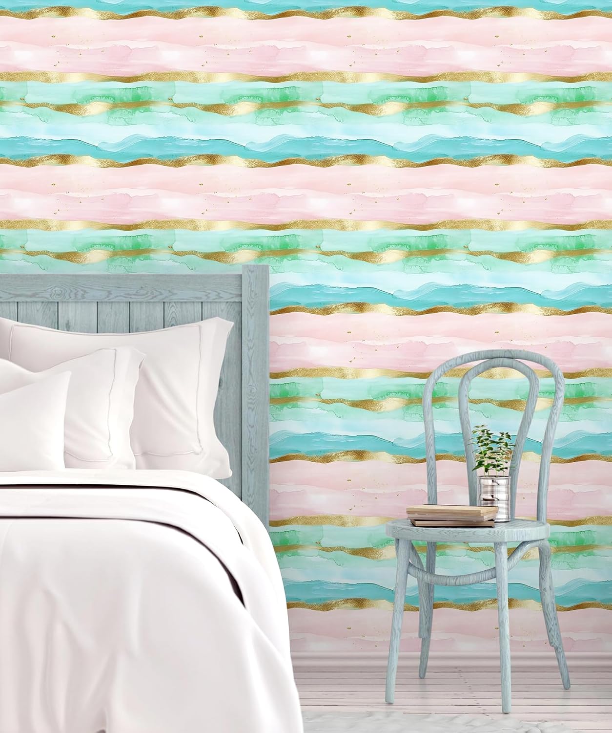 HAOKHOME Bathroom Wallpaper Peel and Stick Coastal Wave Beach Stripe Wall Paper Pink/Blue/Gold Removable Contact Paper 17.3in x 9.8ft