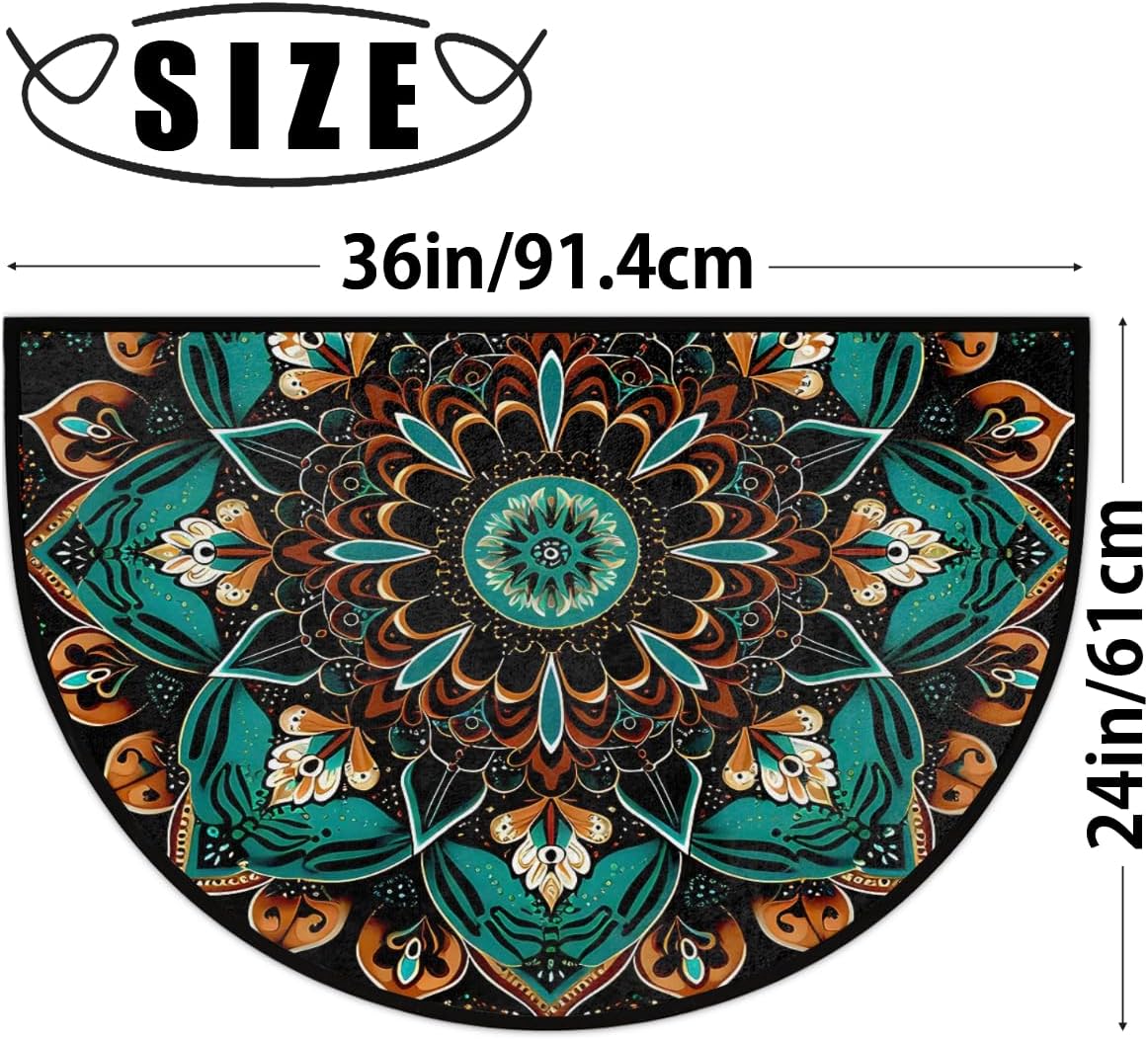 Half Round Door Mat Mandala Bohemia Flower Non Slip Washable Semi Circle Area Rug Absorbent Soft Half Moon Rug Floor Mat for Indoor Outdoor Kitchen Bathroom Patio Front Door Mat Decor