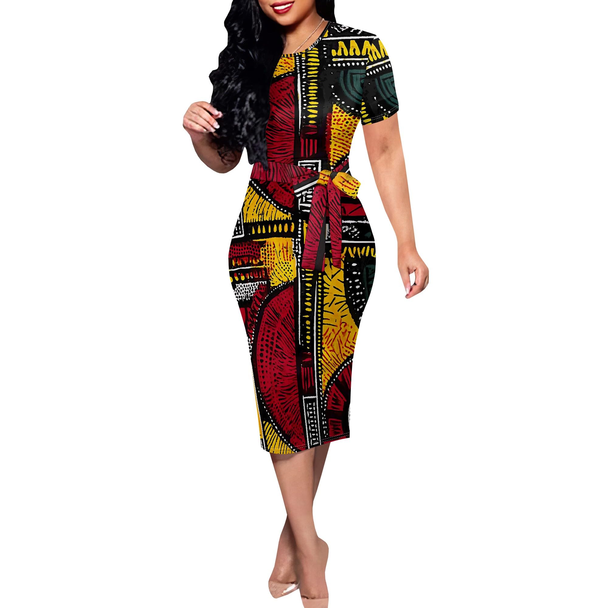 Plus Size Womens Church Dresses Elegant Midi Bodycon Short Sleeve Crew Neck Slit Floral Print Work Casual Cute