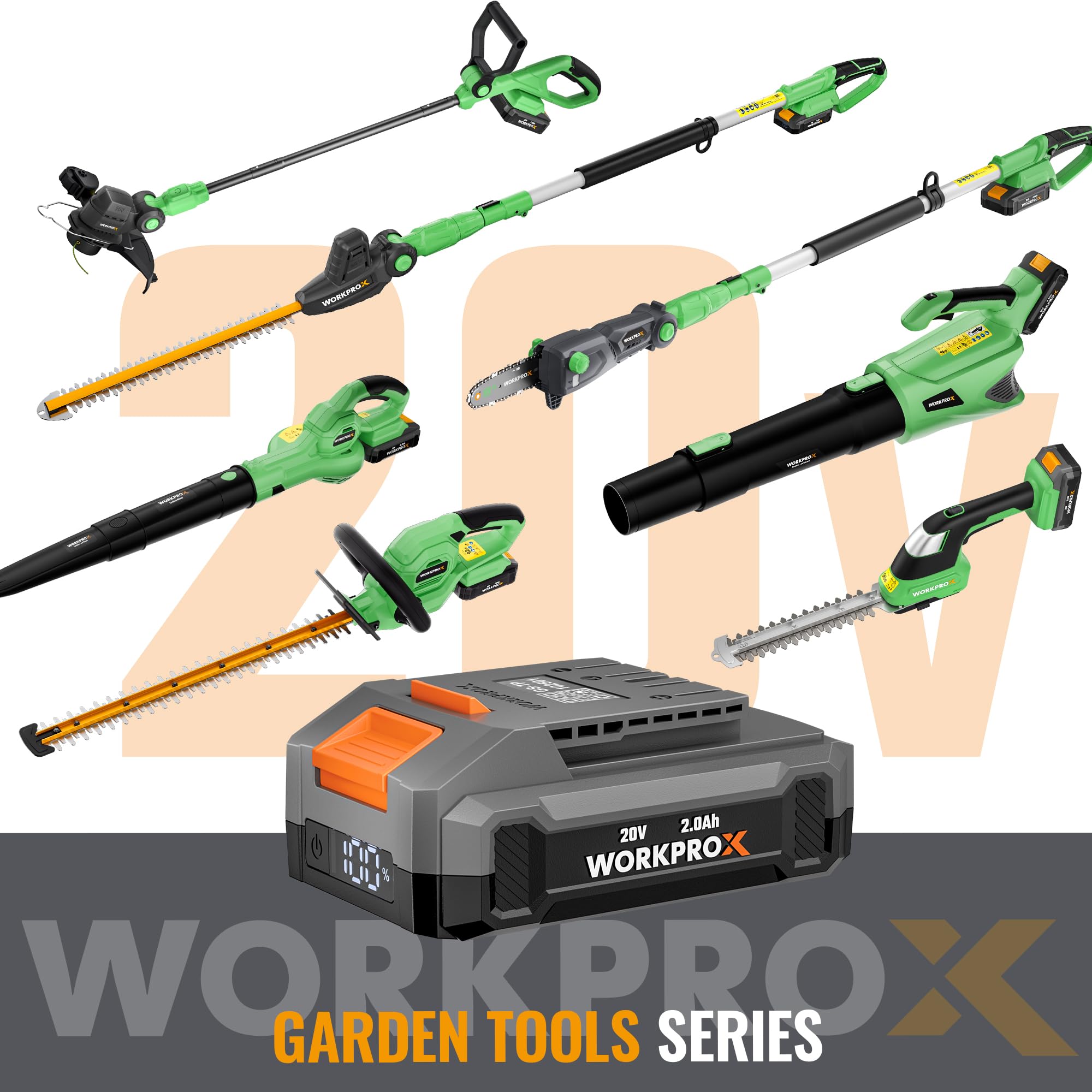 WORKPRO X nożyce do żywopłotu, akumulatorowe, 20 V, 2,0 Ah, kabel do ładowania typu C, elektryczna przycinarka do żywopłotu, długość cięcia 51 cm, średnica cięcia 18 mm, nożyce do żywopłotu i krzewów