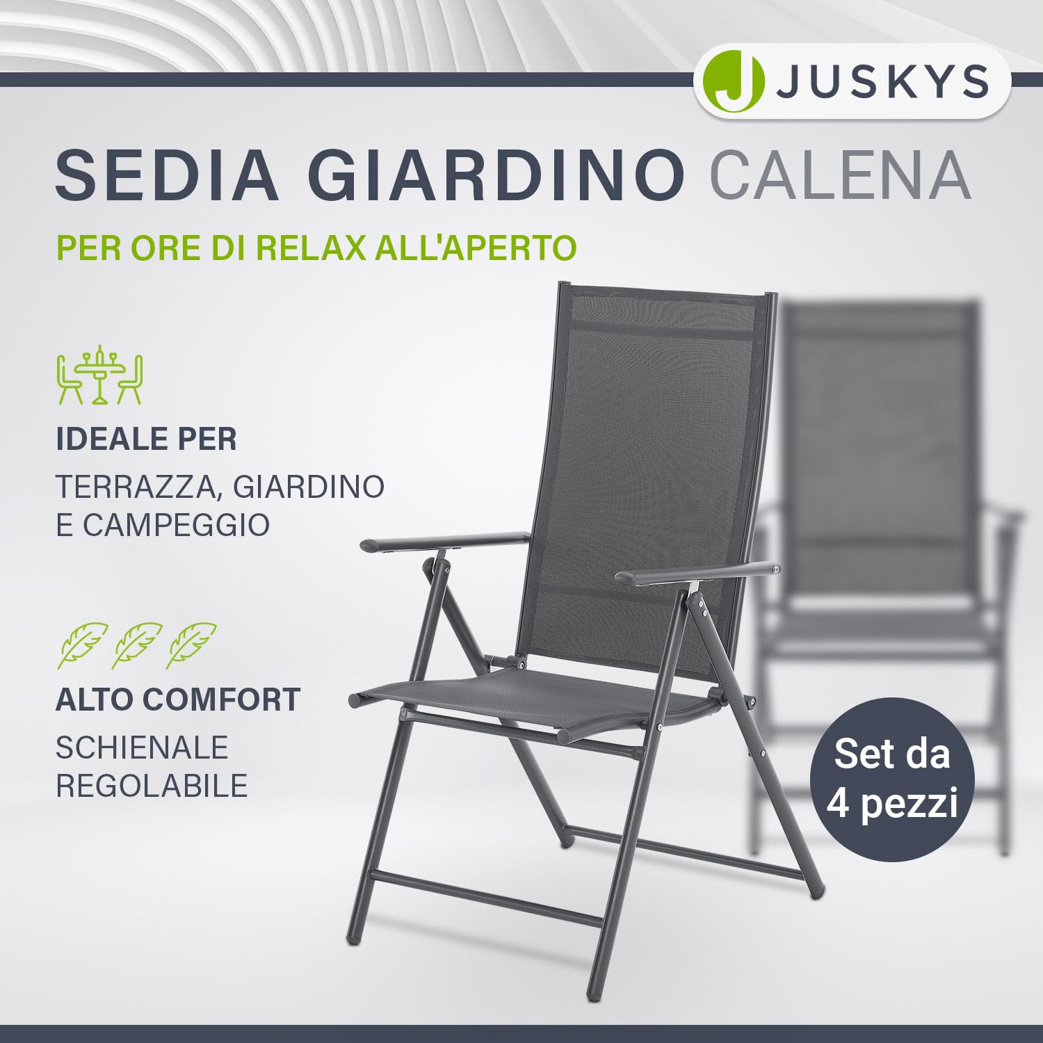 Juskys Sedie da giardino Calena set 4 pezzi antracite – Schienale regolabile in 7 posizioni – pieghevoli con struttura in acciaio e tessuto traspirante