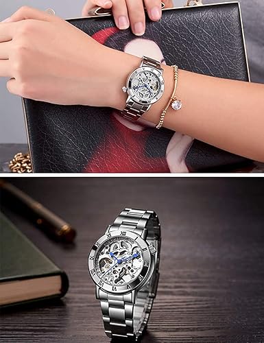 Miniatura 4 de MASTOP Relojes para mujer, reloj automático Steampunk de cuerda automática, pulsera de plata, reloj de pulsera de esqueleto para mujer