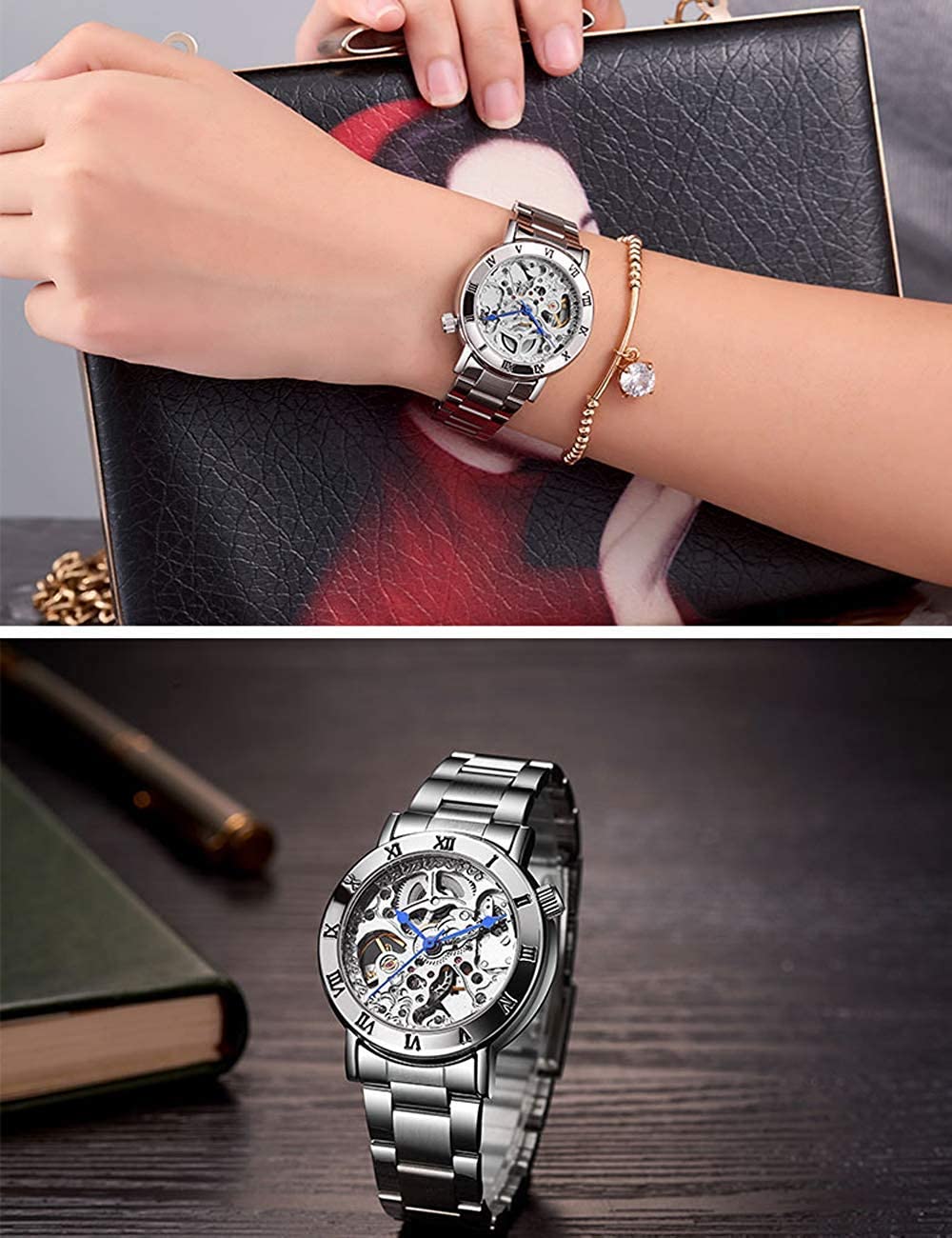 MASTOP Damenuhren Automatik Steampunk Selbstaufzug Mechanisches Silberarmband Damen Skelett Armbanduhr
