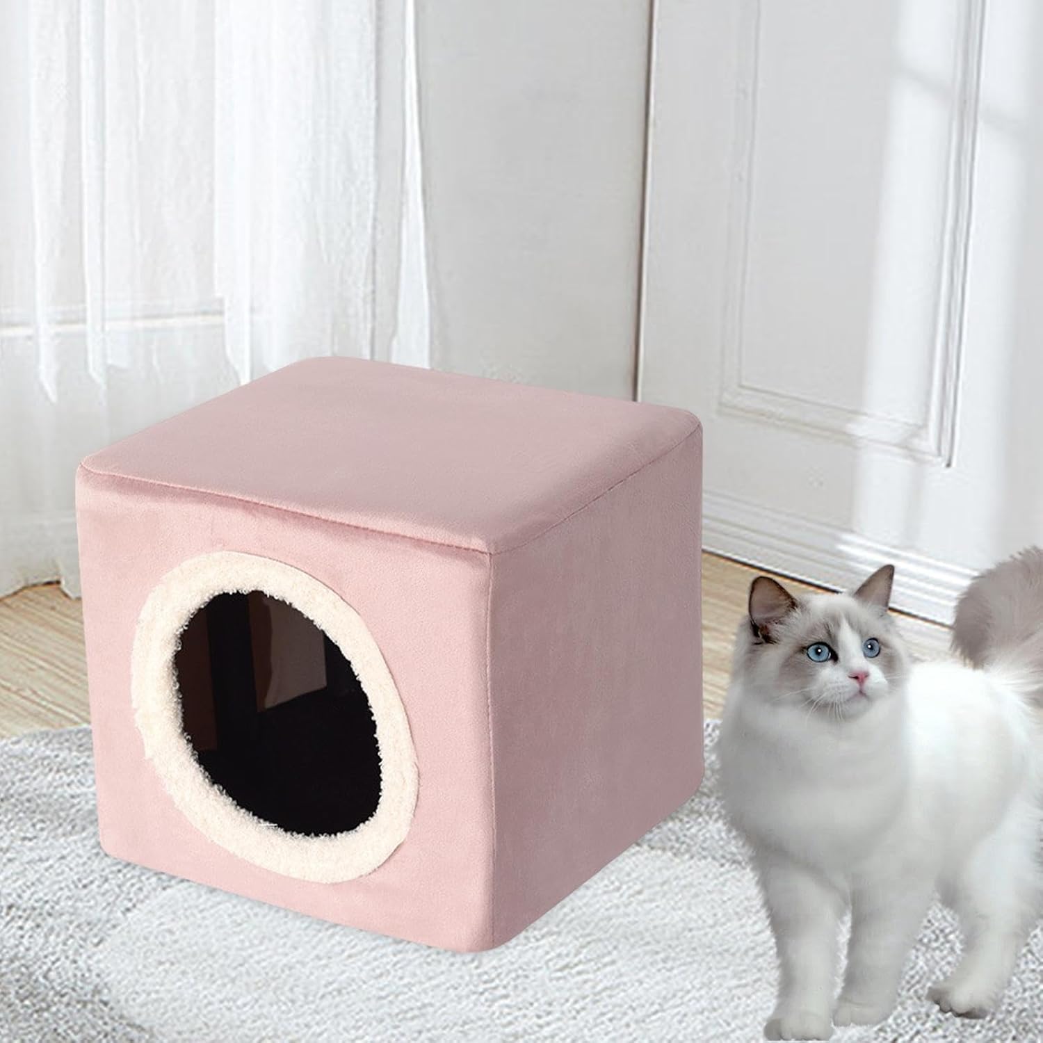 review Cat House Cat Bed for Indoor Cats Cat Hideaway Furniture Sturdy Kitty Cube Pet Condo for Pet Supplies Kitty Resting Sleeping, Pink