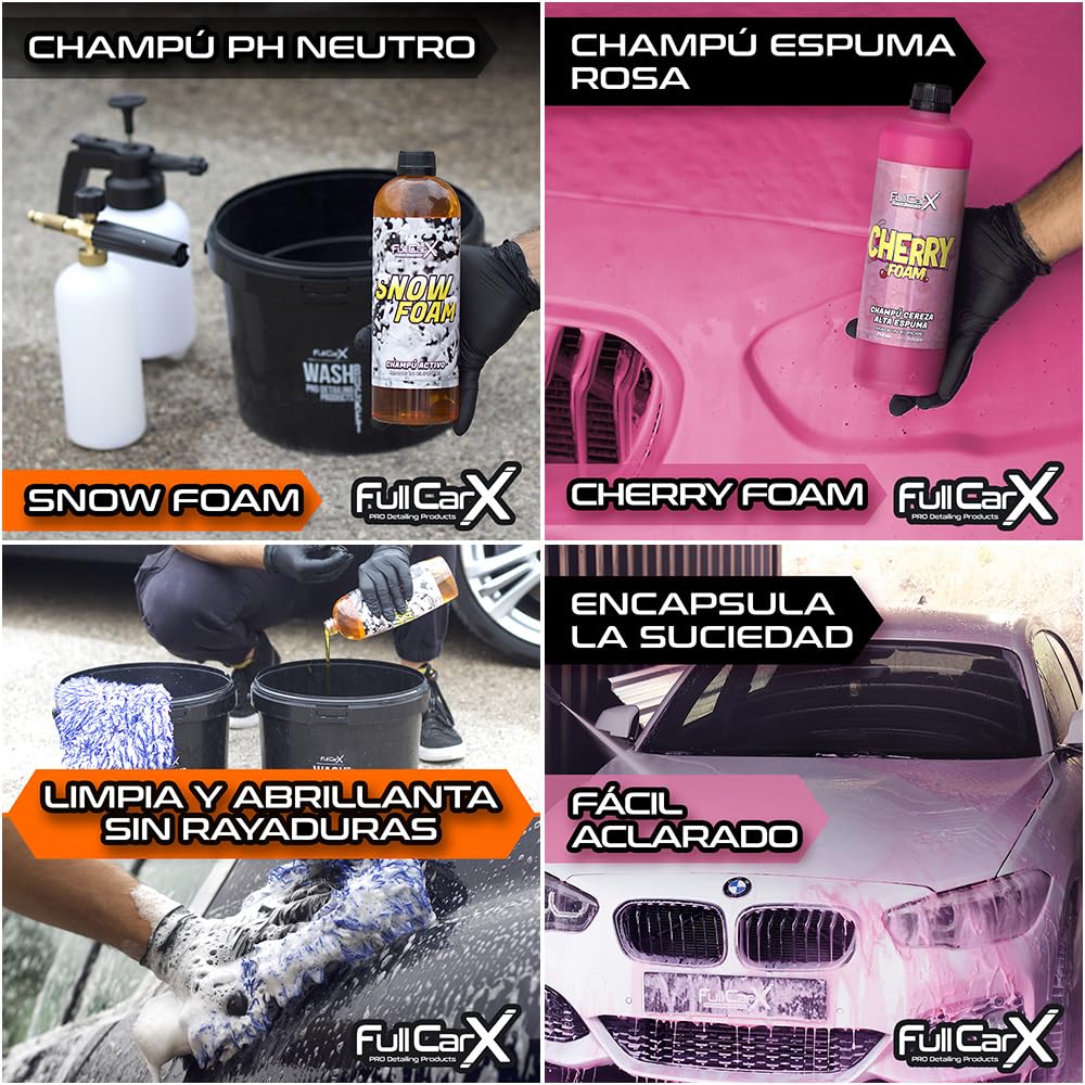FULLCARX Kit Limpieza Coche Exterior Interior Detailing, Limpia Llantas, Tapicería, Renovador Plásticos Salpicaderos, Champú PH Neutro y Alcalino Rosa, Cera Carnauba, APC Listo al Uso Limpiacristales