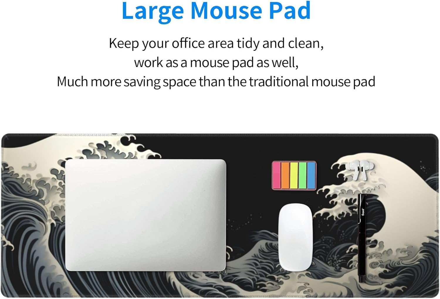 Stylish Japanese Ukiyo-e Style White and Black Ocean Wave Art Print Themed Mouse Pad 31.5 x 12 Inch, Anti-Slip Rubber Base, Ideal for Computer, Laptop, Office & Home Use