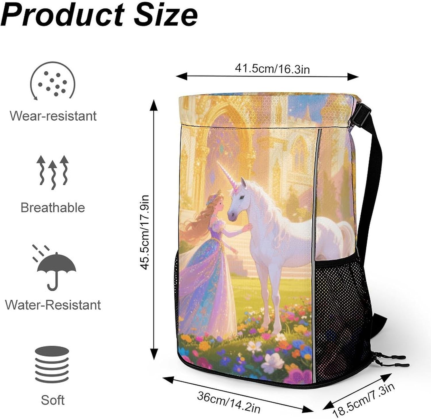 Small Gym Bag Princess And Unicorn Printed Drawstring Gym Bag for Men Lightweight Waterproof Drawstring Backpack for Women with Shoe Compartment for Travel Tourism Work And Fitness