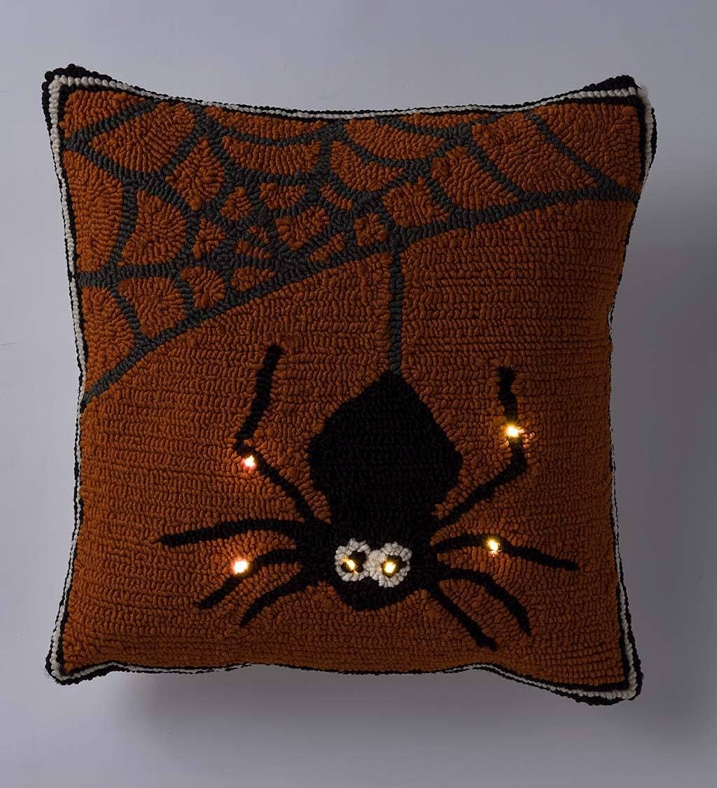 Plow & Hearth Indoor/Outdoor Lighted Halloween Spider Web Pillow, All-Weather Hooked Polypropylene with Poly-Canvas Back and Battery-Operated LED Lights, 18" sq.