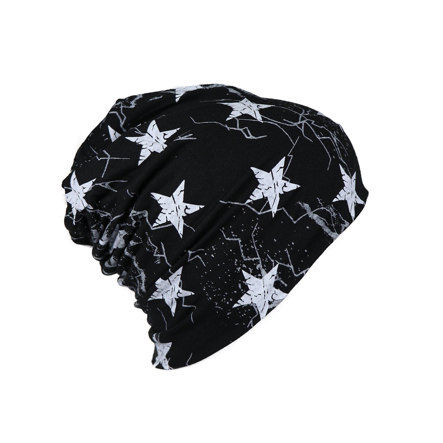 iSWEVEN Black Mens and Girls Skull Cap for Summer & Spring Season, Free Size Printed Cotton Slouchy Blended Beanie (08A)