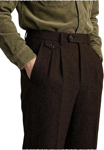Mens Herringbone Pants Tweed Blend Regular Fit Dress Pants Vintage Pleat-Front Trousers