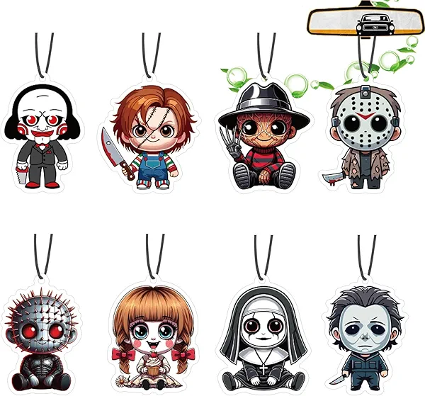 Car Air Fresheners Horror Movie Merchandise Gifts Halloween Tree Ornament Decoration 8PCS, Hanging Cute Classic Character Indoor Accessory for Men Women Movie Fan Lover Blk Ice Scent