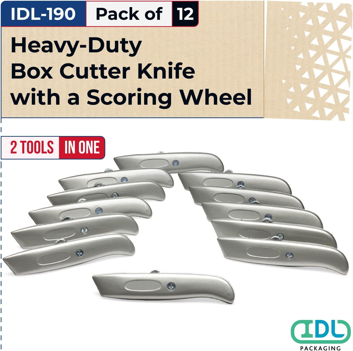 IDL Packaging IDL-190 HD Retractable Box Cutter with Scoring Wheel (Pack of 12) - Heavy-Duty Box Resizer Tool with Push Tab and Lock Function - Handy Score Knife Tool for Cardboard