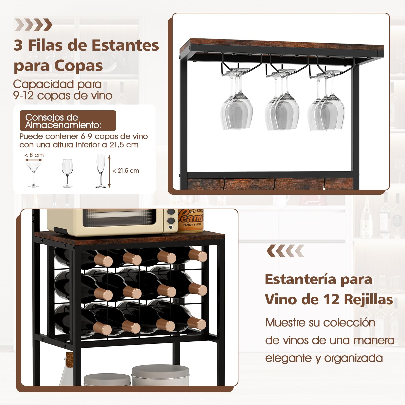 GOPLUS Estante de Vino Metálico, Armario de Licores Independiente Estilo Industrial con Estante Superior, 3 Ganchos, Amplio Tablero de Trabajo y Estante Inferior, Armario de Bar con Soporte