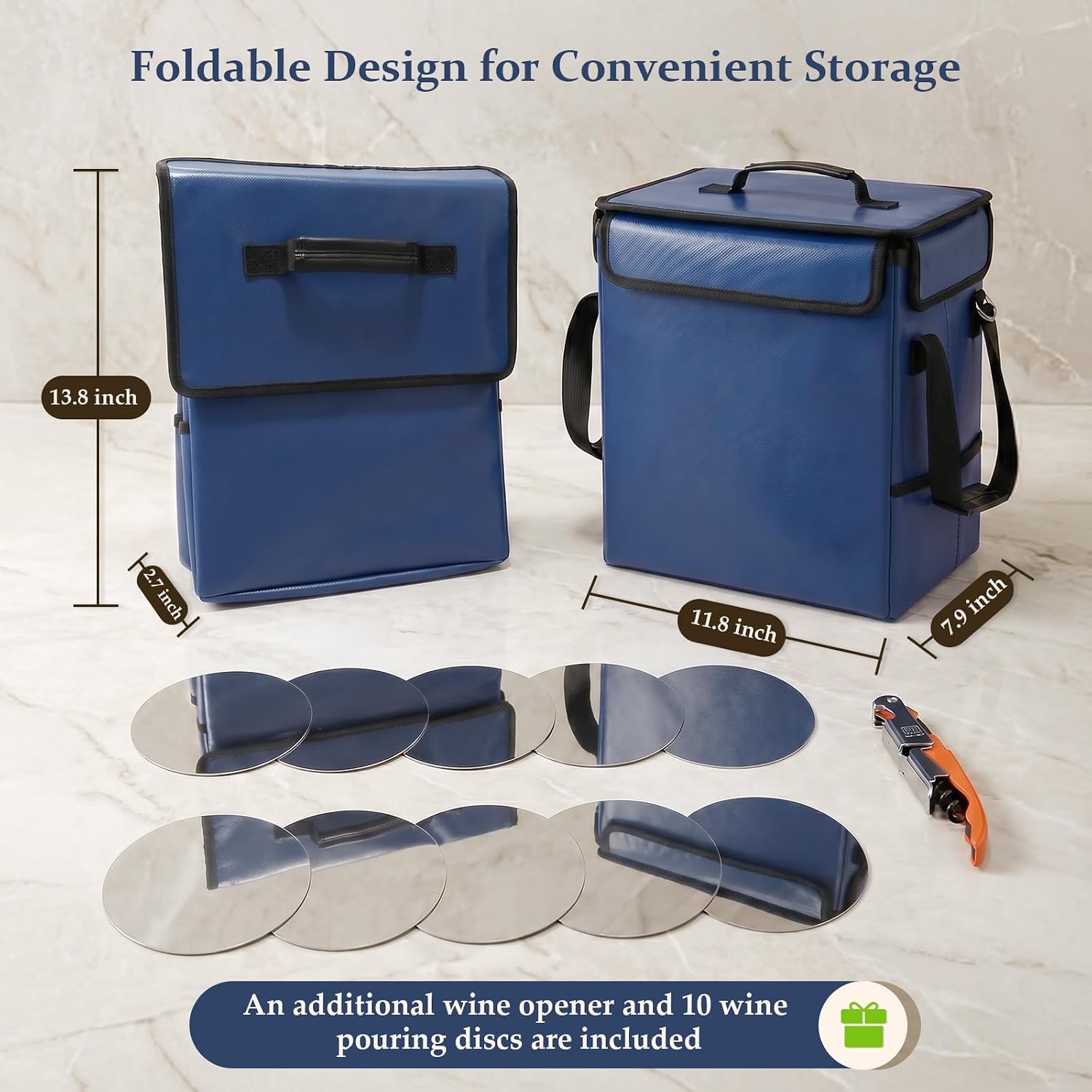 6 Bottle Wine Carrier Tote, Leakproof Insulated Wine Cooler Bag with Adjustable Dividers, Shoulder Strap, Foldable Tote Fits Bordeaux and Champagne for Picnic, Travel (Dark Blue)
