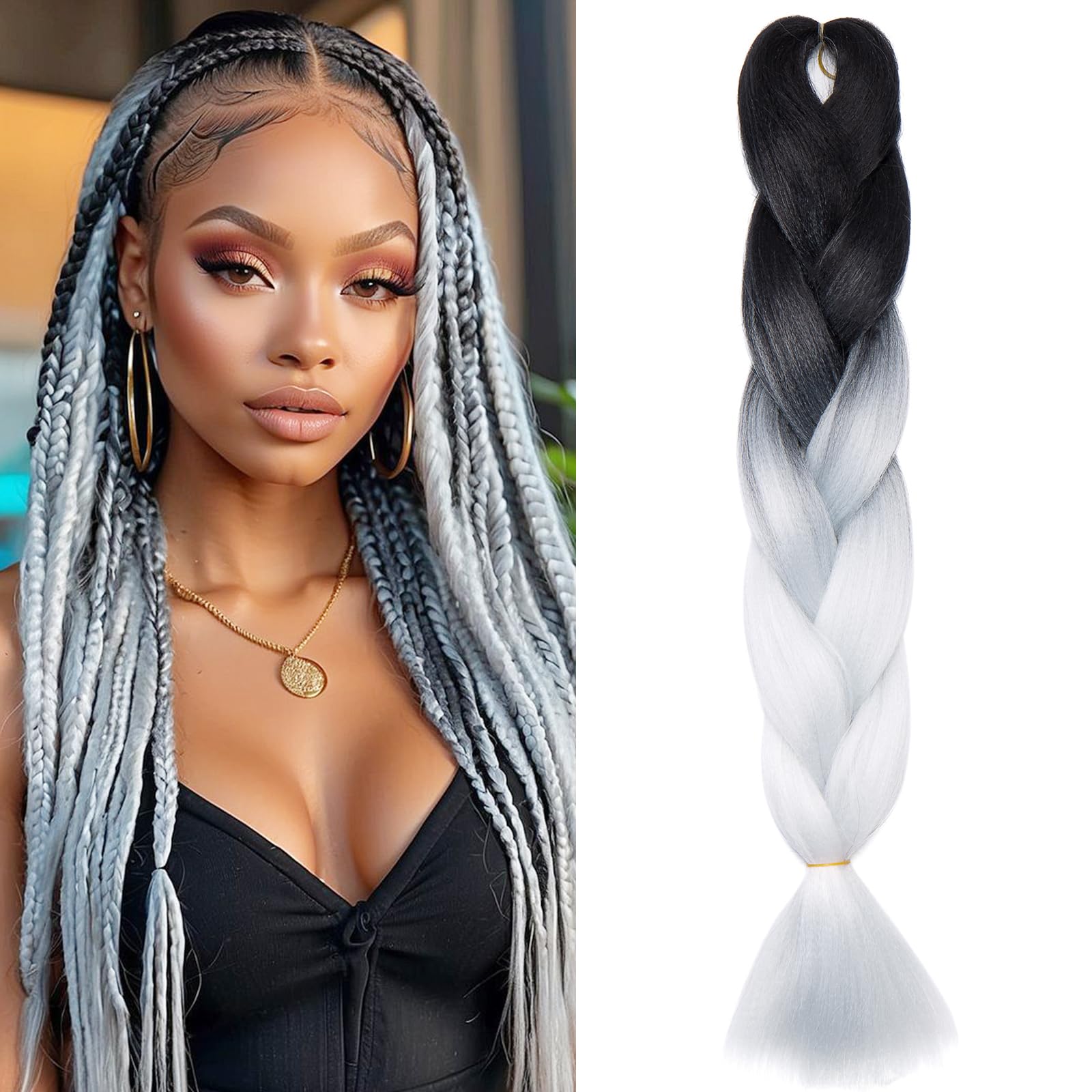 Benehair Braid Extensions 24 Inches Ombre Jumbo Braiding Hair Colorful Synthetic Hair Extensions for Braiding Black/White Gray Hair Extensions for Women(Black/White Gray