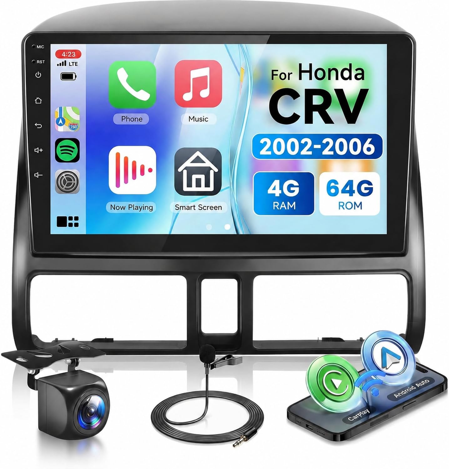 4G+64G Car Radio Stereo for Honda CRV 2002-2006 with Wireless CarPlay/Android Auto,9 Inch 1280 * 720P IPS Touch Screen Car Stereo Android 13 GPS WiFi Bluetooth 32-Band DSP HD Backup Camera
