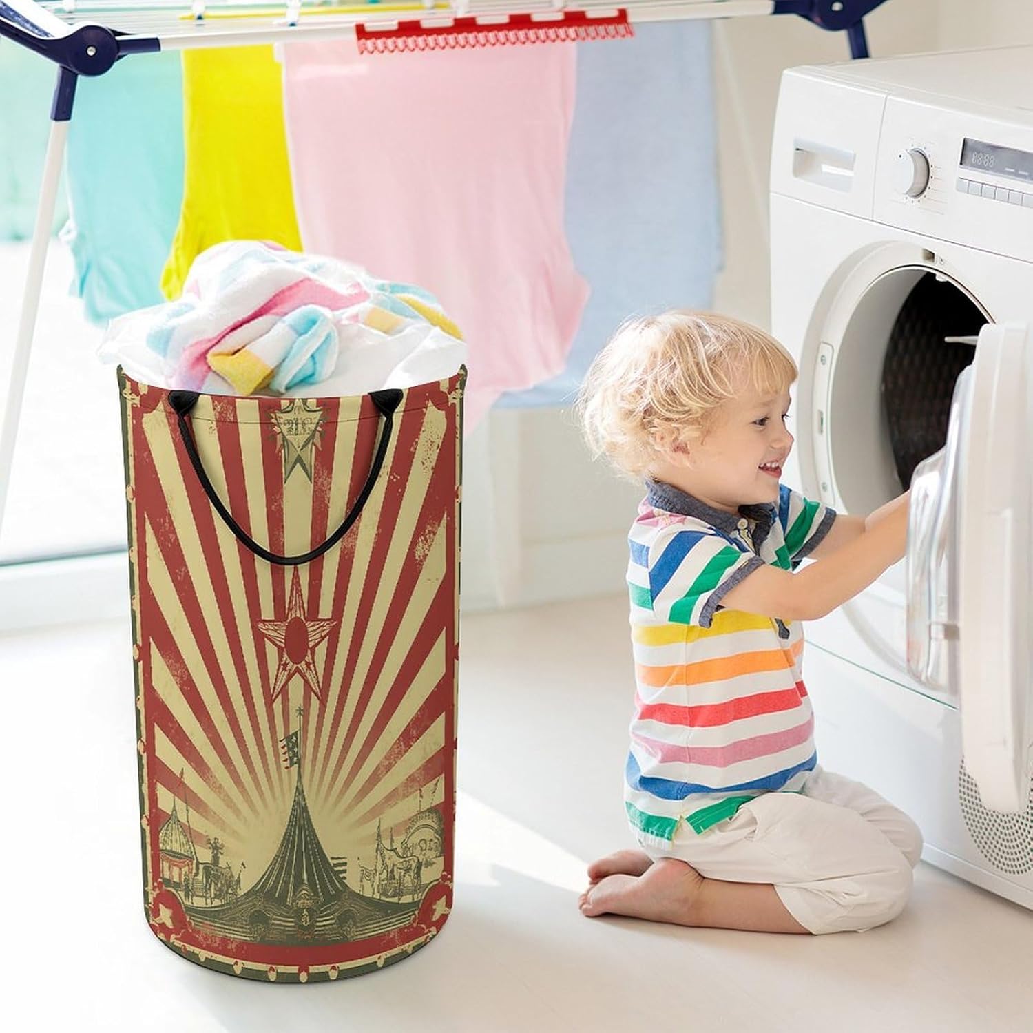 Vintage Circus Background Laundry Basket Large Foldable Laundry Hamper with Handles Freestanding Collapsible Clothes Basket Waterproof Portable Dirty Clothes Hamper for Bathroom 86L