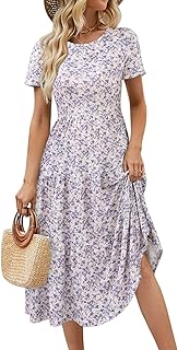 Spring Round Neck T Shirt Dress for Women Short Sleeve Midi Length,Swing Tiered Bobydoll Dresses with Pockets