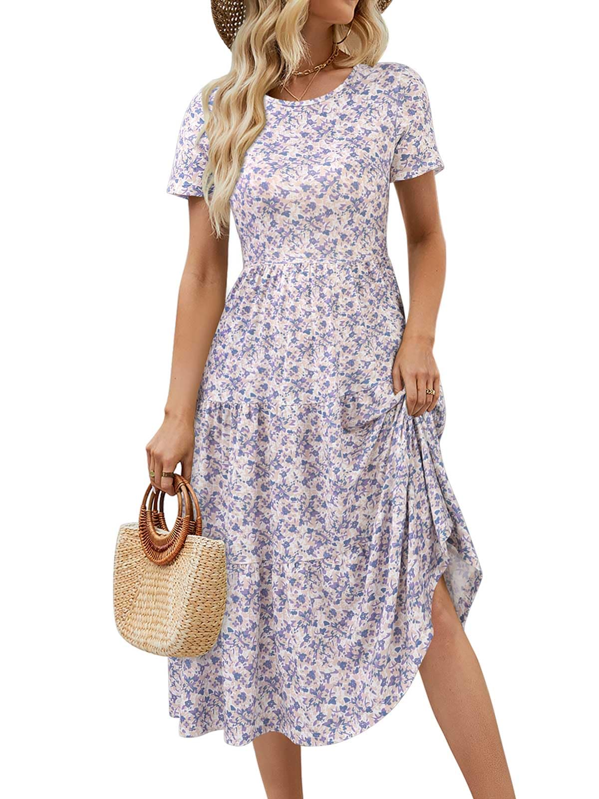 Sureple Spring Round Neck T Shirt Dress for Women Short Sleeve Midi Length,Swing Tiered Bobydoll Dresses with Pockets