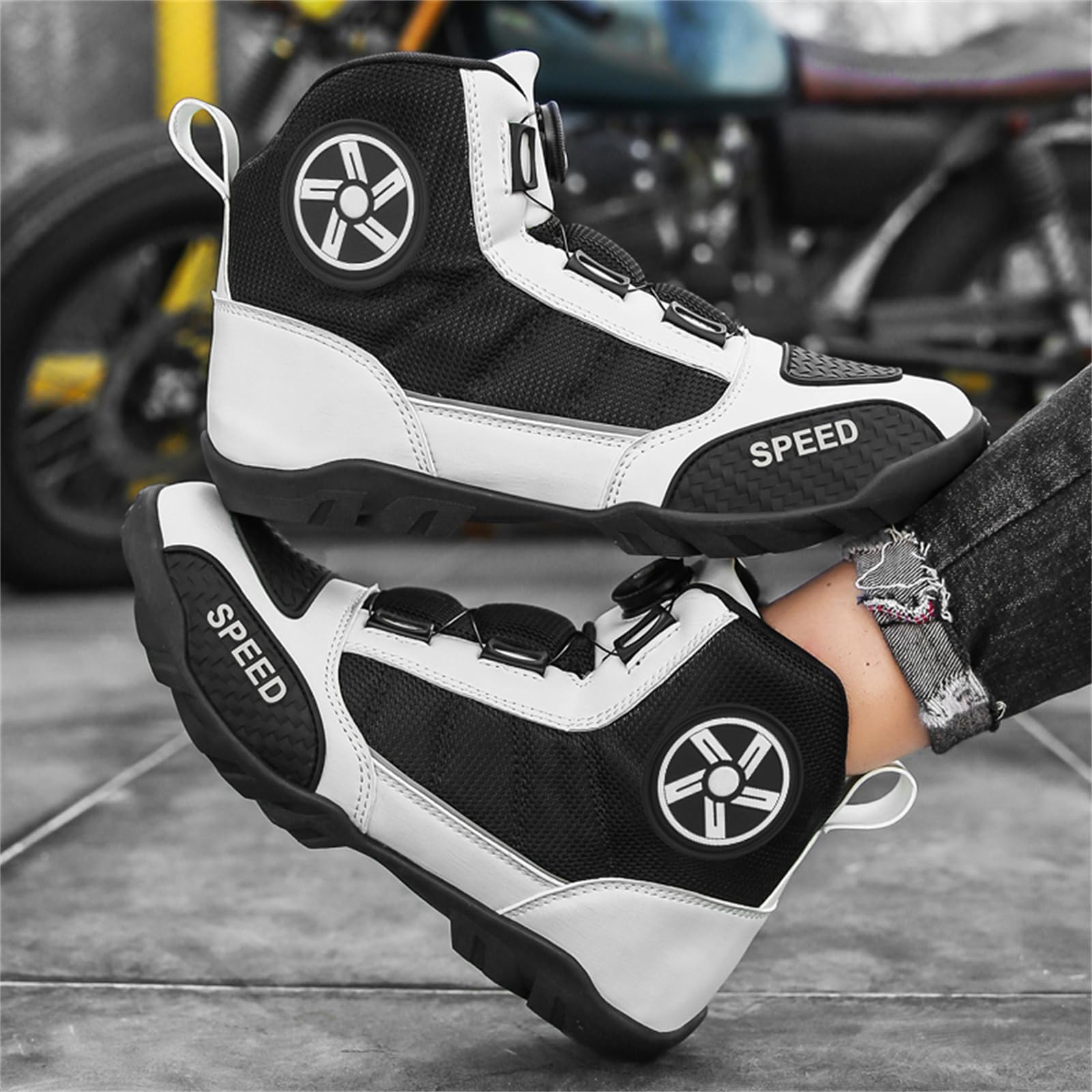 JiuQing Scarpe da Moto Stivaletti da Equitazione da Strada da Uomo Stivali da Moto in Pelle da Esterno Antiscivolo