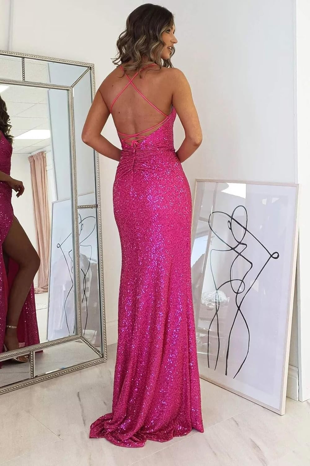 Sparkly Prom Dresses for Women 2025 Striped Sequin Long Wrap Spaghetti Straps Formal Party Gowns