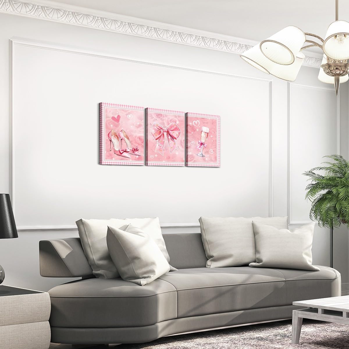 Erosebridal Pink Ribbon Bow Canvas Wall Art Set of 3,Pink Rose Floral Pictures Wall Decor for Girls Kids Women Bedroom,Coquette Bow Knot Bows Poster Prints,Wine Glass High Heel Artwork Posters