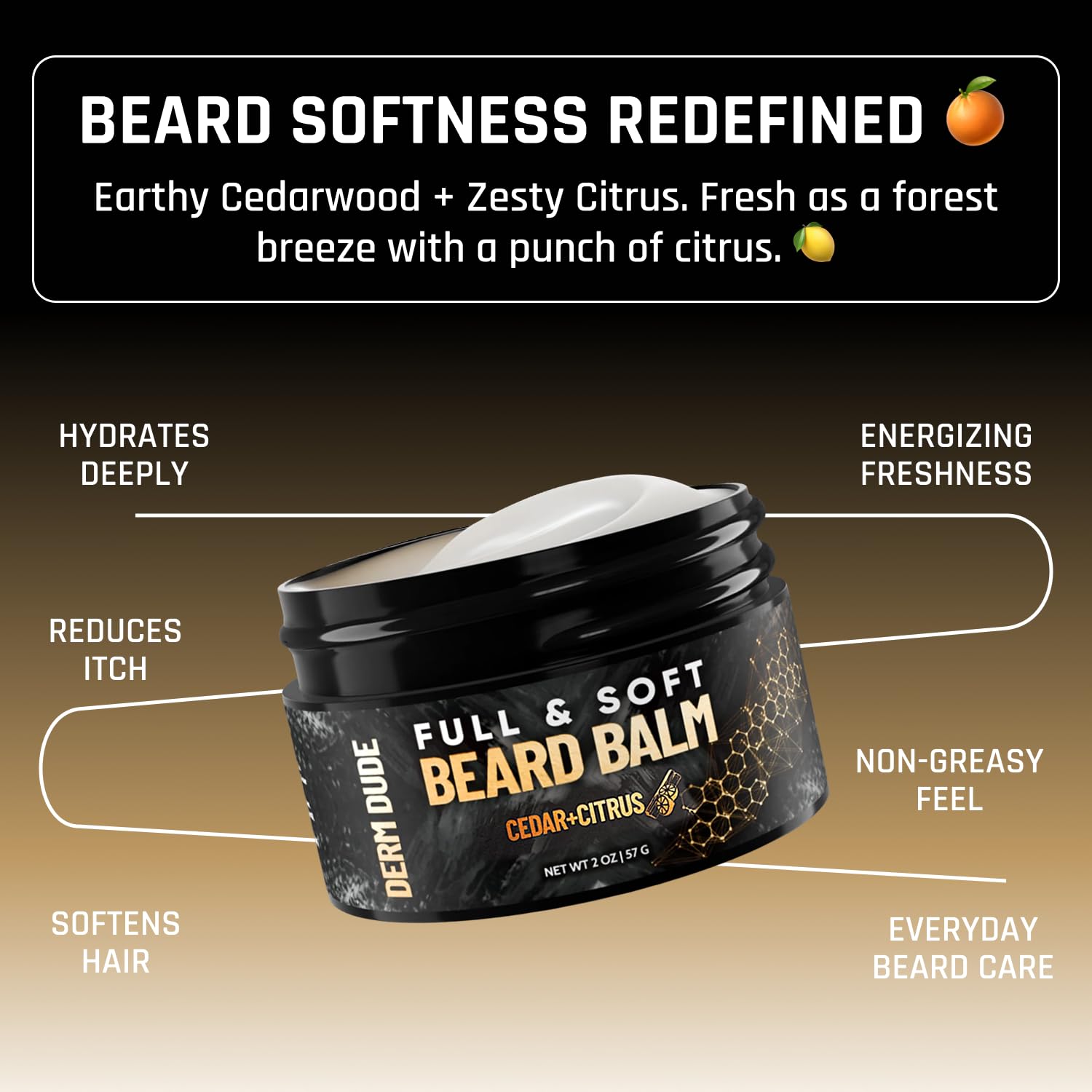 Derm Dude Full and Soft Beard Balm for Men – Conditioning Balm with Natural Oils for Growth, Softness & Styling – Tames Frizz, Hydrates Skin – Non-Greasy - Cedar & Citrus, 2oz