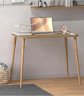 Home Office Desk Oak Finish Scandinavian Style Writing Table for Small S...