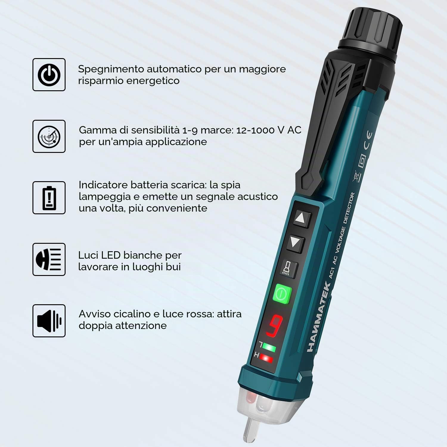 Rilevatore di tensione senza contatto, HANMATEK AC1 Sensibilità Regolabile/Display LCD/LED Torcia elettrica/Doppia portata 12 V/48 V-1000 V