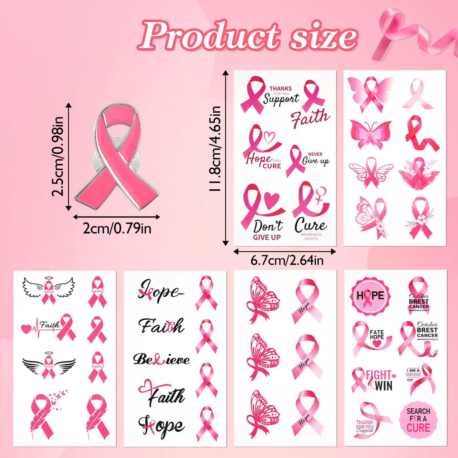 HOWAF Breast Cancer Awareness Pink Ribbon Headband Sweatbands Wristbands Socks Pink Pin Badge Stickers Tattoos Gifts for Women - Image 3