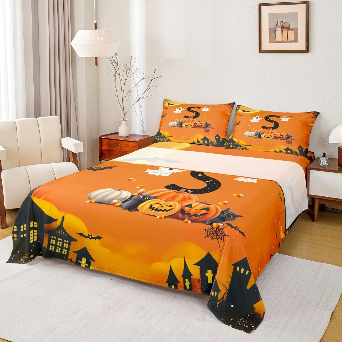 Erosebridal Halloween Letter J Sheet Set Gothic Twin Sheets Set for Toddler Boys,Initial A-Z Letter Personalized Monogrammed Orange Fitted Sheet