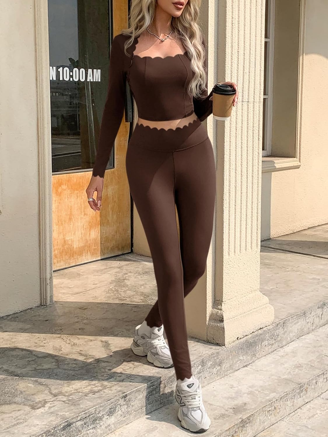 Fisoew Two Piece Workout Sets For Women High Waisted Scolloped Leggings with Crop Tops Gym Yoga Active Wear Outfits - Image 4