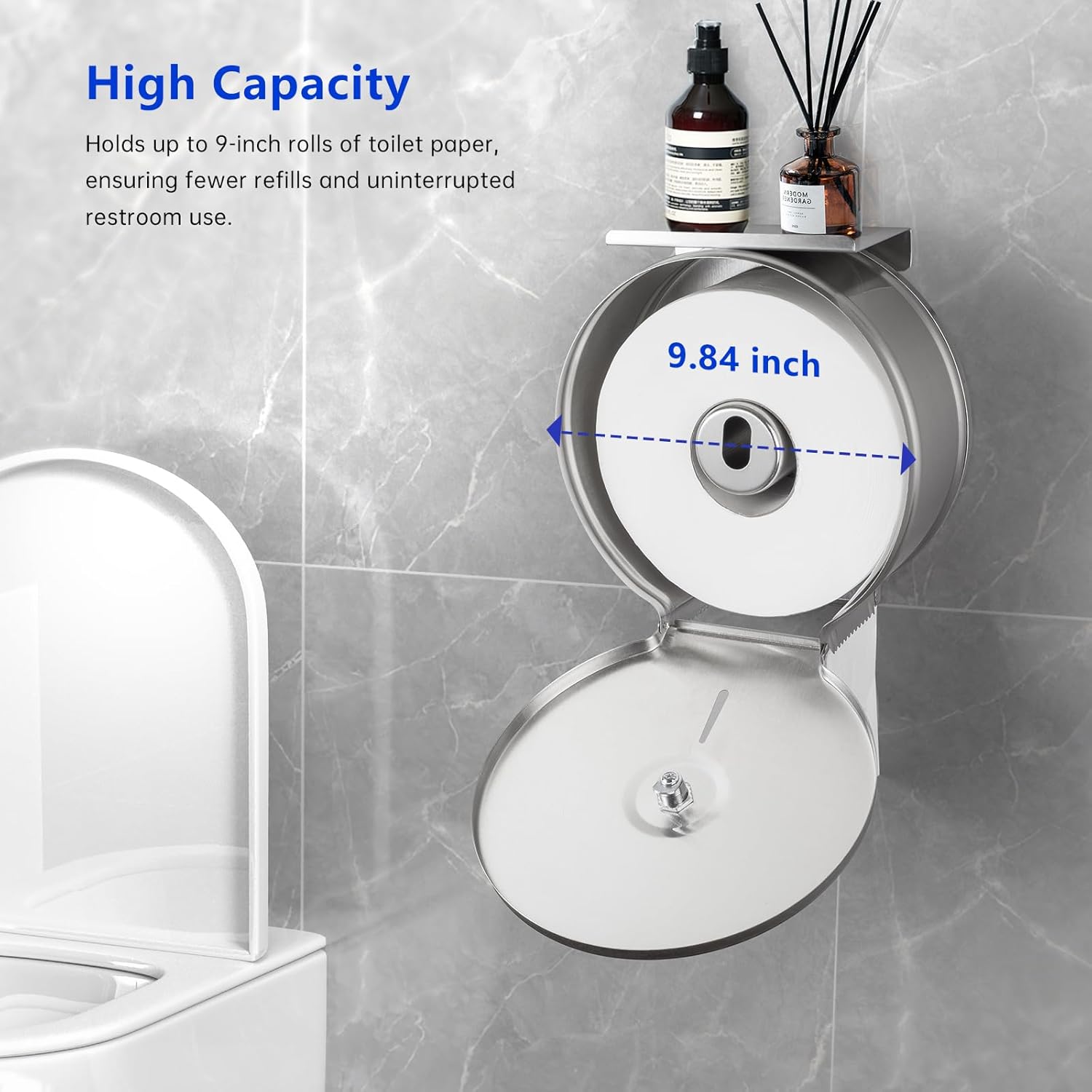 Commercial Jumbo Toilet Paper Dispenser with Shelf, Wall Mount Stainless Steel 9" Roll Toilet Paper Holder, Brushed Touchless Toilet Tissue Dispenser
