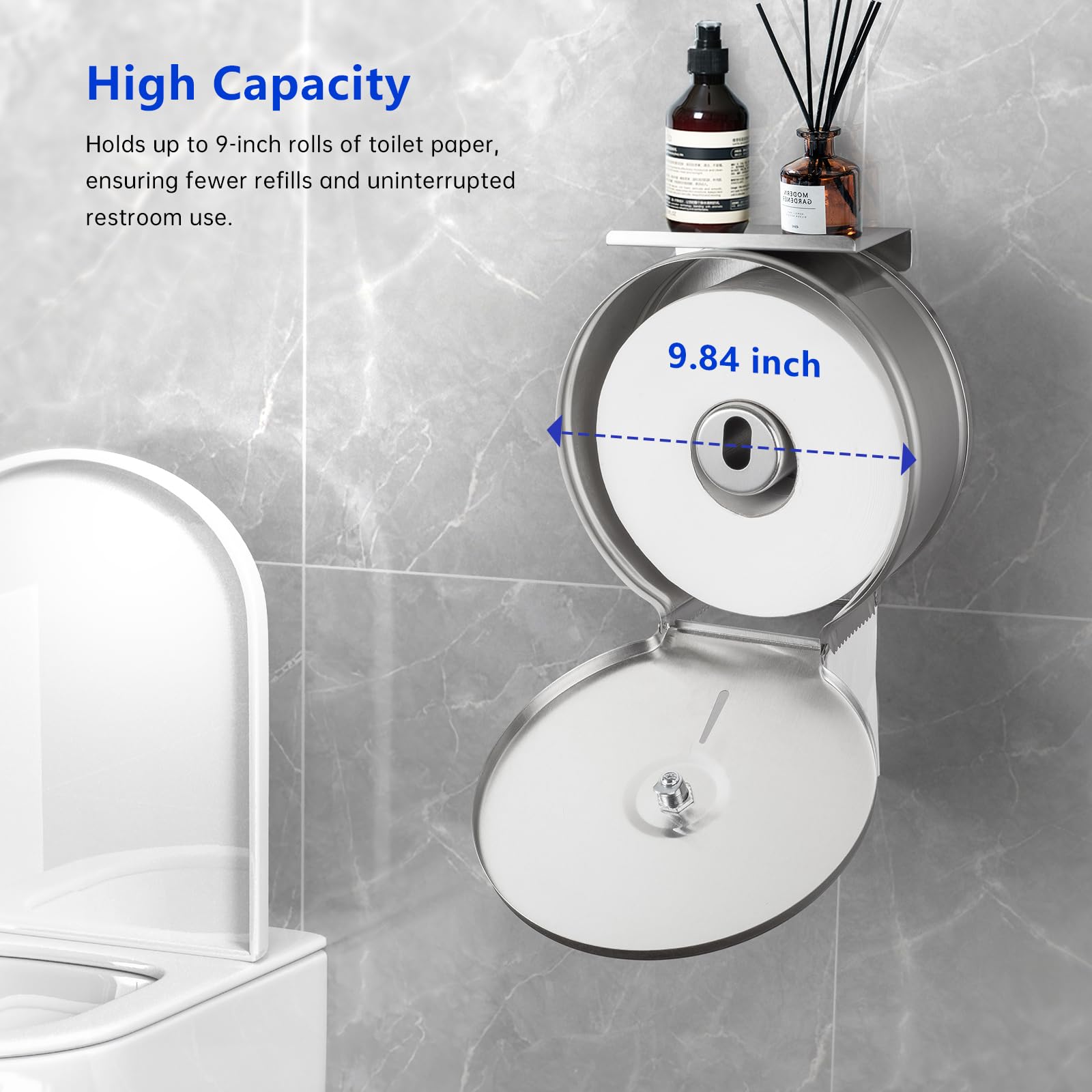 Gorlary Dispensador de Papel Higiénico Gigante Comercial con Estante, Soporte de Acero Inoxidable para Montaje en Pared Plateado