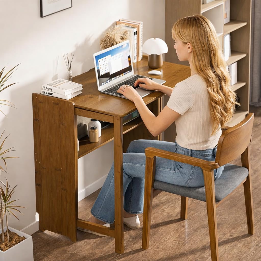 Bamboo Folding Desk for Small Spaces, Mid Century Small Computer Desk for Bedroom Home Office, Foldable Space-Saving Desk, Brown - Image 4