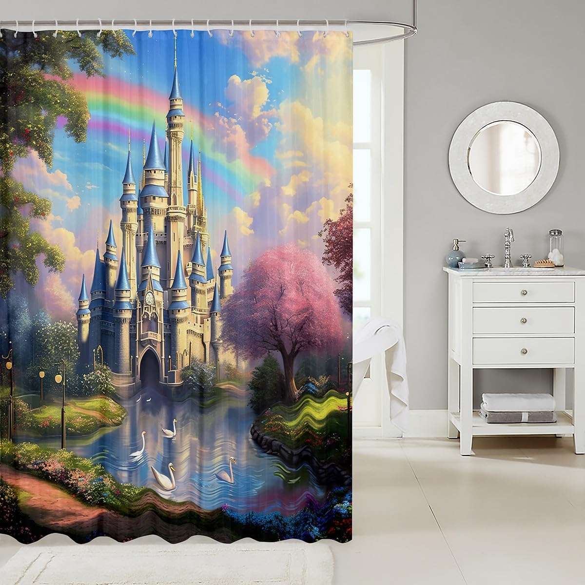 Princess Castle Shower Curtain with Hooks,Rainbow Dreamy Fairy Tale Themed Waterproof Bath Curtain,Pink Blossom Floral Lake Plant Bathroom Accessories Curtain Panel, 72Wx84L inch