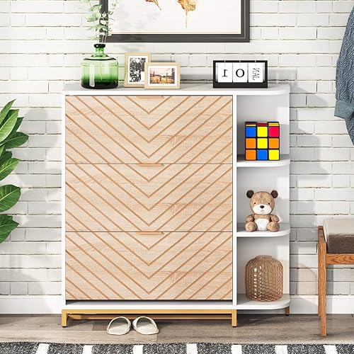 Miniatura 4 de LITTLE TREE Moderno armario de almacenamiento de zapatos de madera con 3 cajones abatibles y estantes abiertos, cubo de inclinación industrial