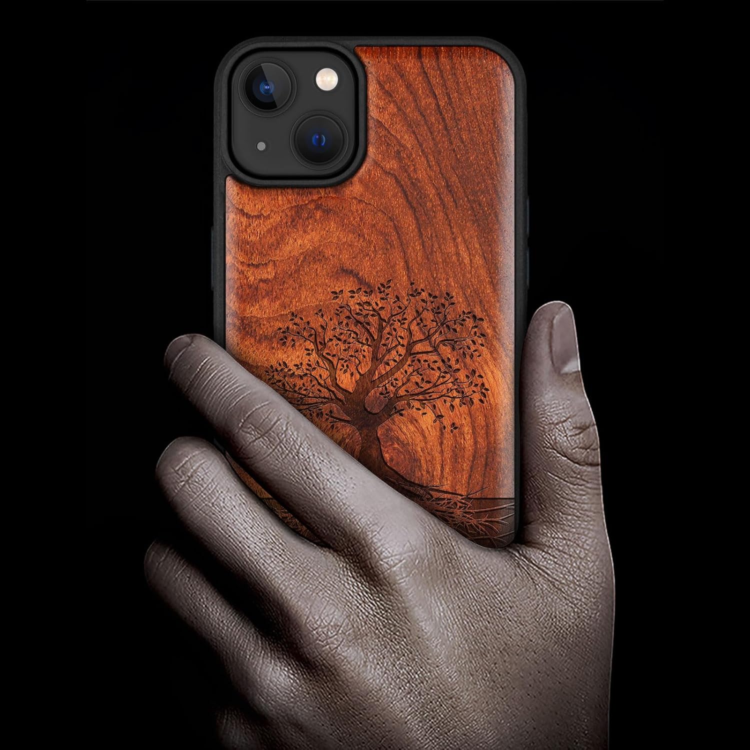 Carveit Magnetic Wooden Case for iPhone 15 Plus Case, Compatible with MagSafe Wireless Chargers, Black Soft TPU Shockproof Cover & Wood Artisan Engraved (Tree with Roots - Red Wood)