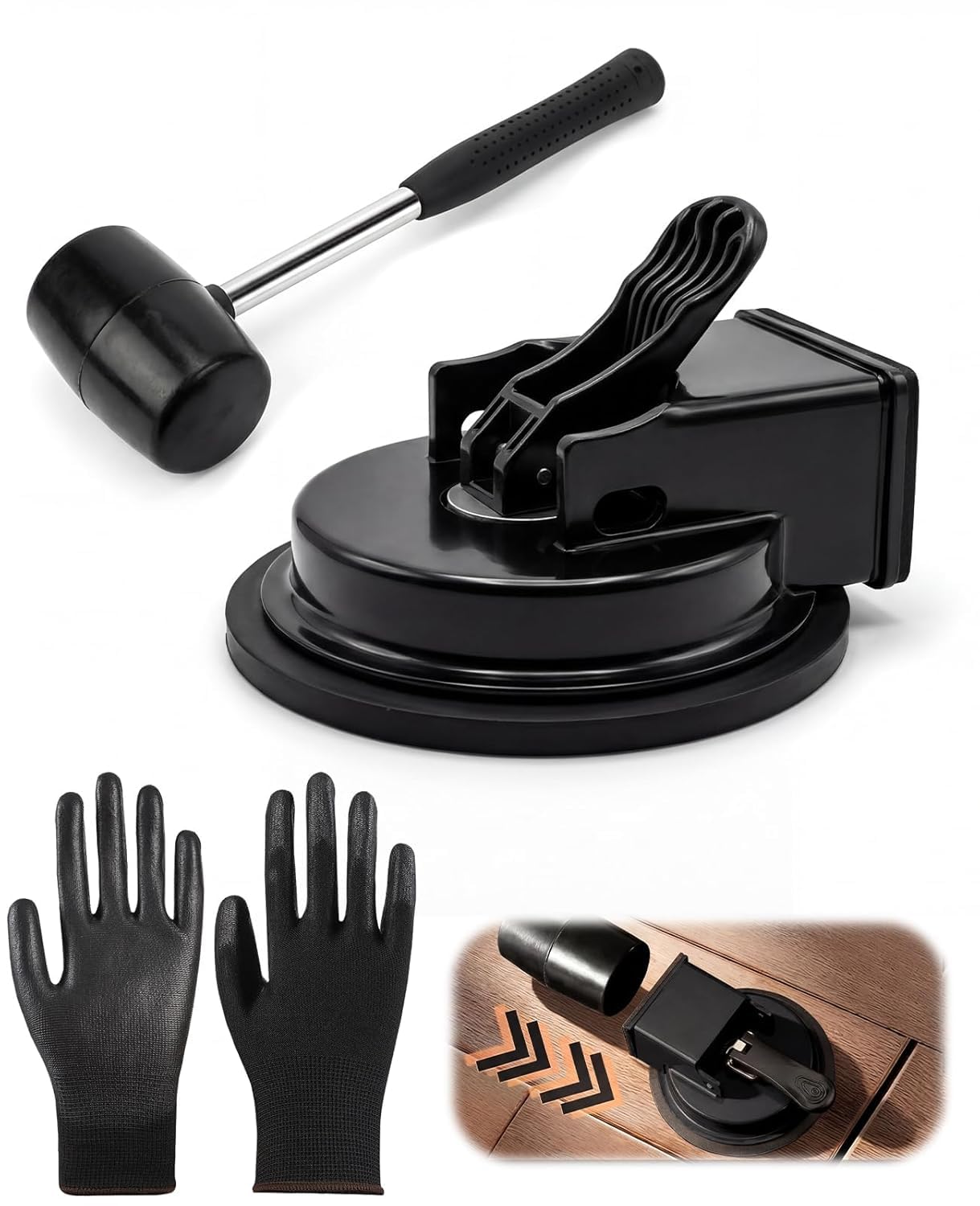 2.0 Upgraded Heavy Duty Floor Gap Fixer Tool Set with Hammer & Gloves, Enhanced Suction Cup Metal Plank Grabber for Multiple Smooth Floor, No Nano Adhesive Pads Required