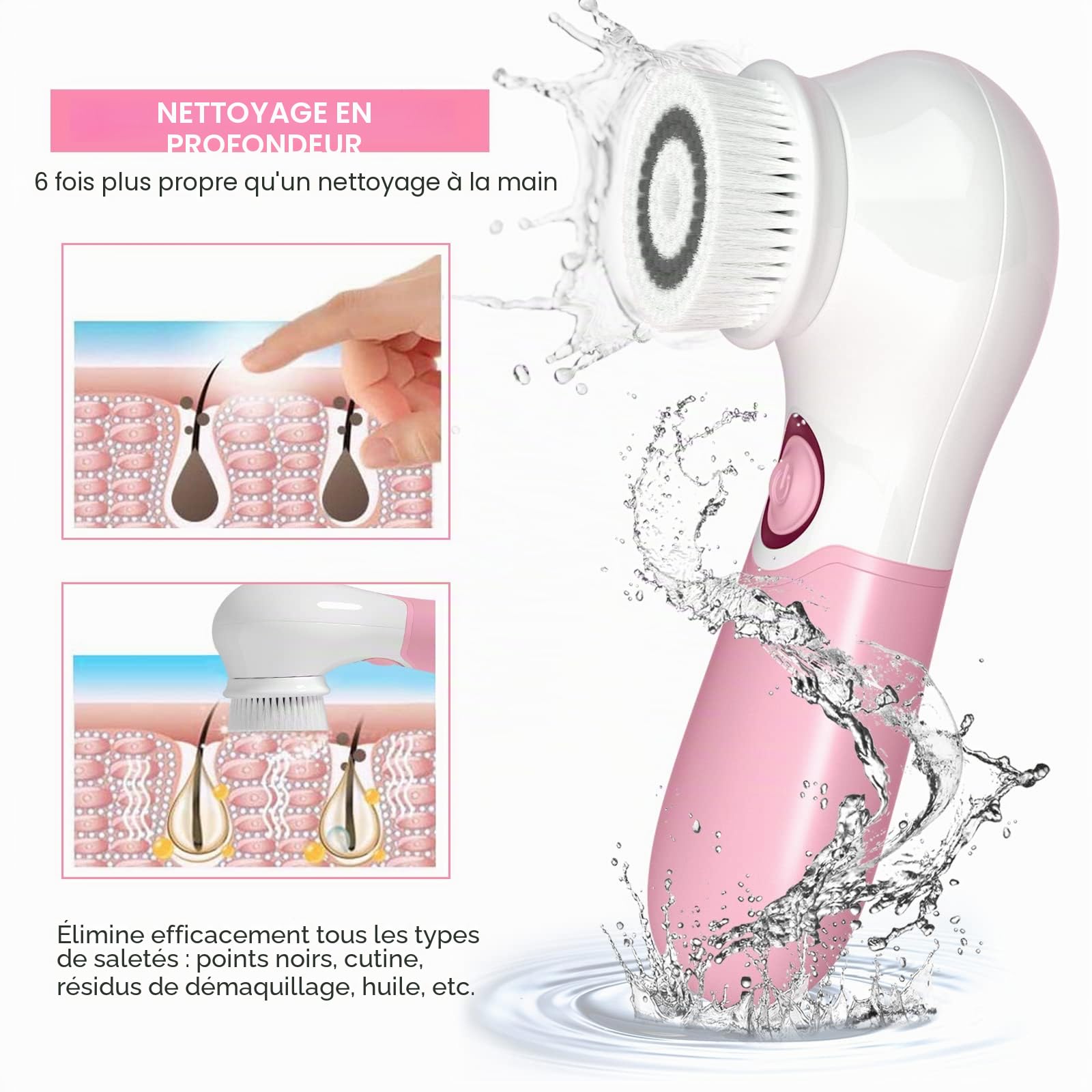 TOUCHBeauty Brosse Nettoyante pour le Visage, Nettoyant Électrique pour le Visage avec 3 TêTes de Brosse Nettoyante pour L'Acné, les Points Noirs, la Peau Morte, le Nettoyage en Profondeur, Rose