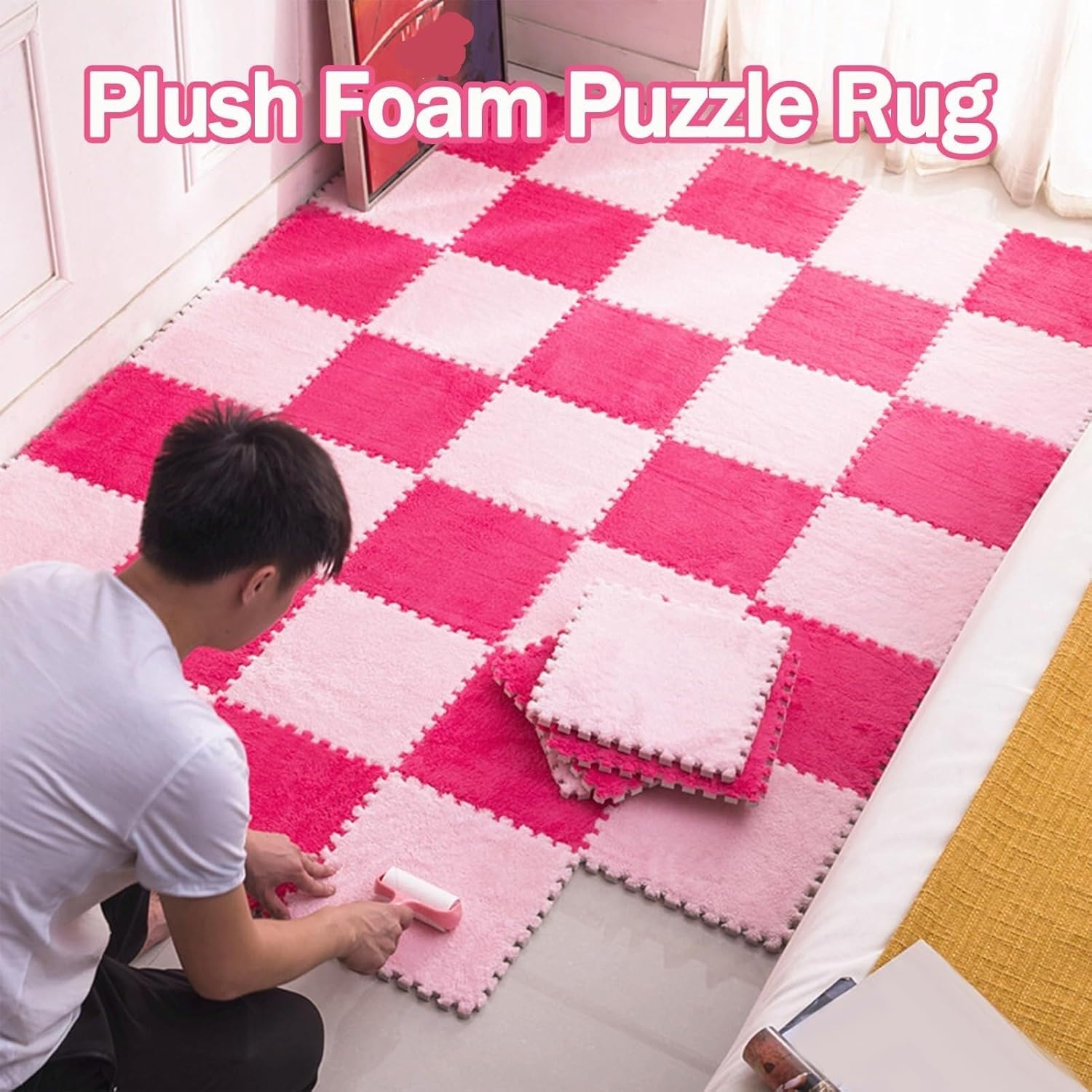 30pcs Plush Puzzle Foam Floor Mat with Border, 12x12 in Shaggy Square Interlocking Carpet Tiles Carpet, Puzzle Mats for Floor Fluffy Playmat(White)
