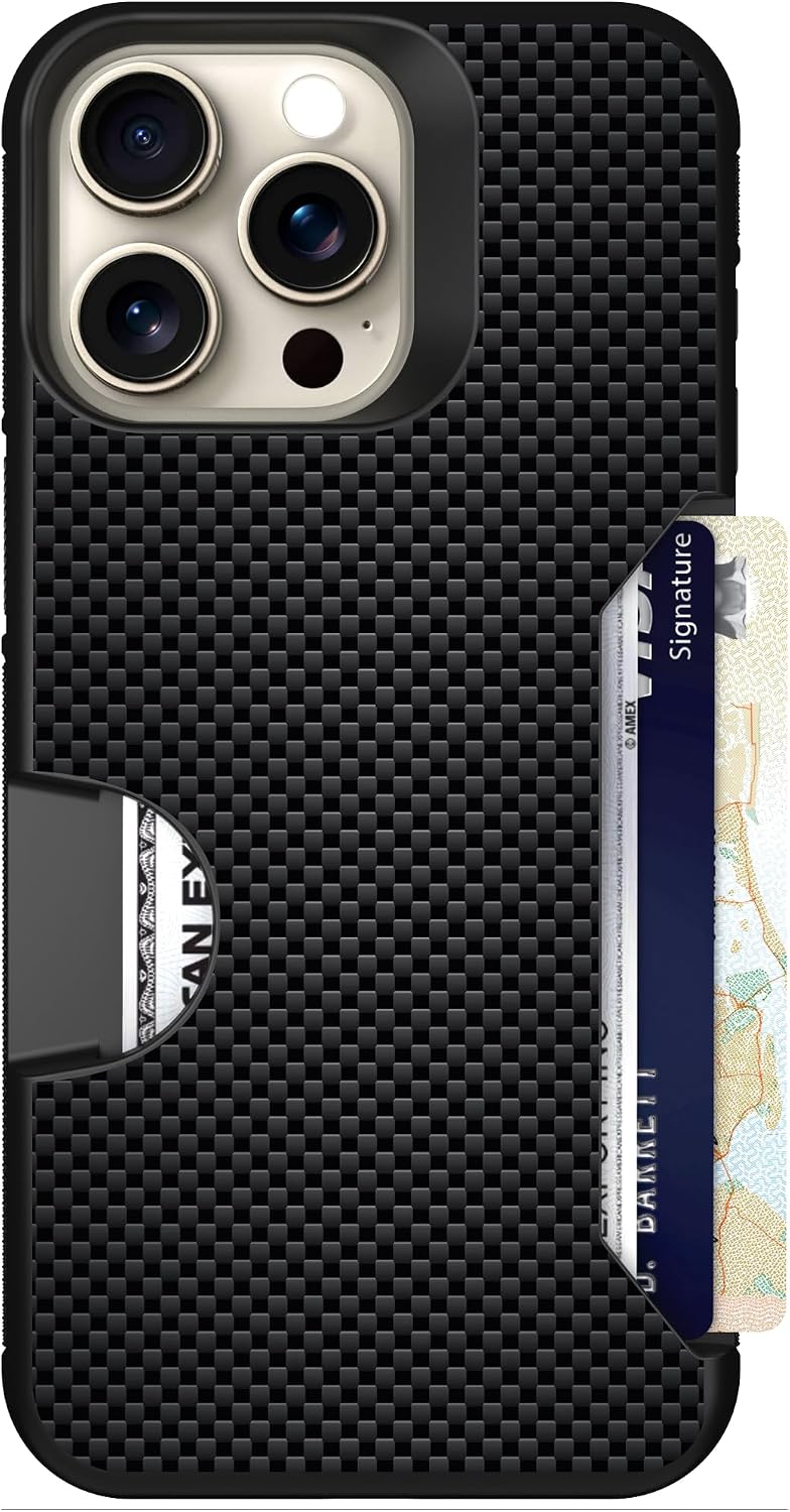 Scooch for iPhone 15 Pro Max Case with Card Holder, Moneymate Wallet Case with Hidden Card Slot and Protection for 4 Cards, 10-Foot Drop Protection, Carbon Fiber