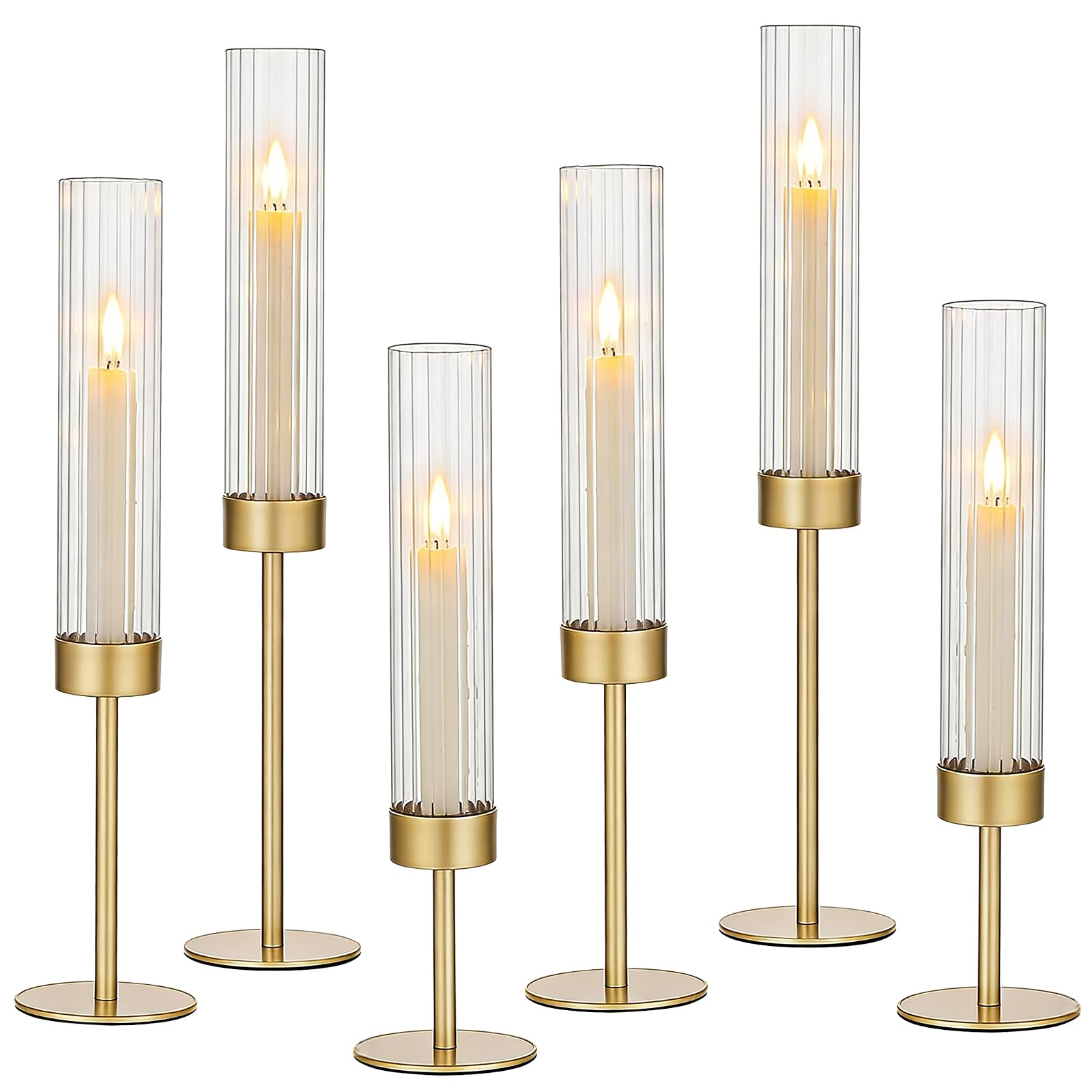 6PCS Glass Fluted Candle Holders Ribbed,Gold Hurricane Candle Sticks Holder