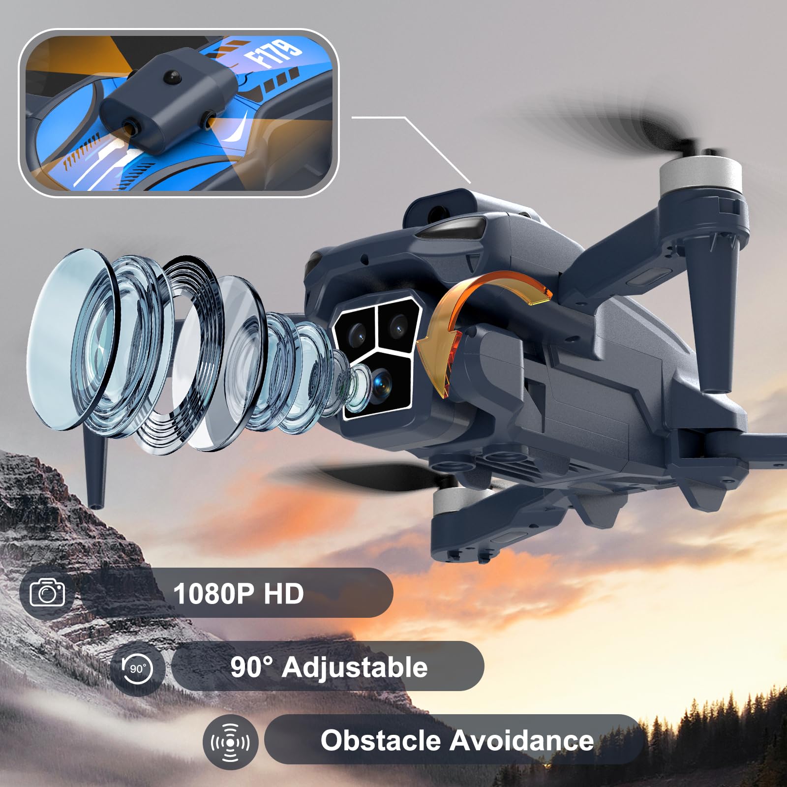F179 Drone con Camera 1080P, Motori Brushless, Evitamento Ostacoli & WIFI, Volo Waypoint, Traiettoria, 3D Flip, Posizionamento Flusso Ottico, Lente 90°, Portatile per Adulti/Bambini/Principianti