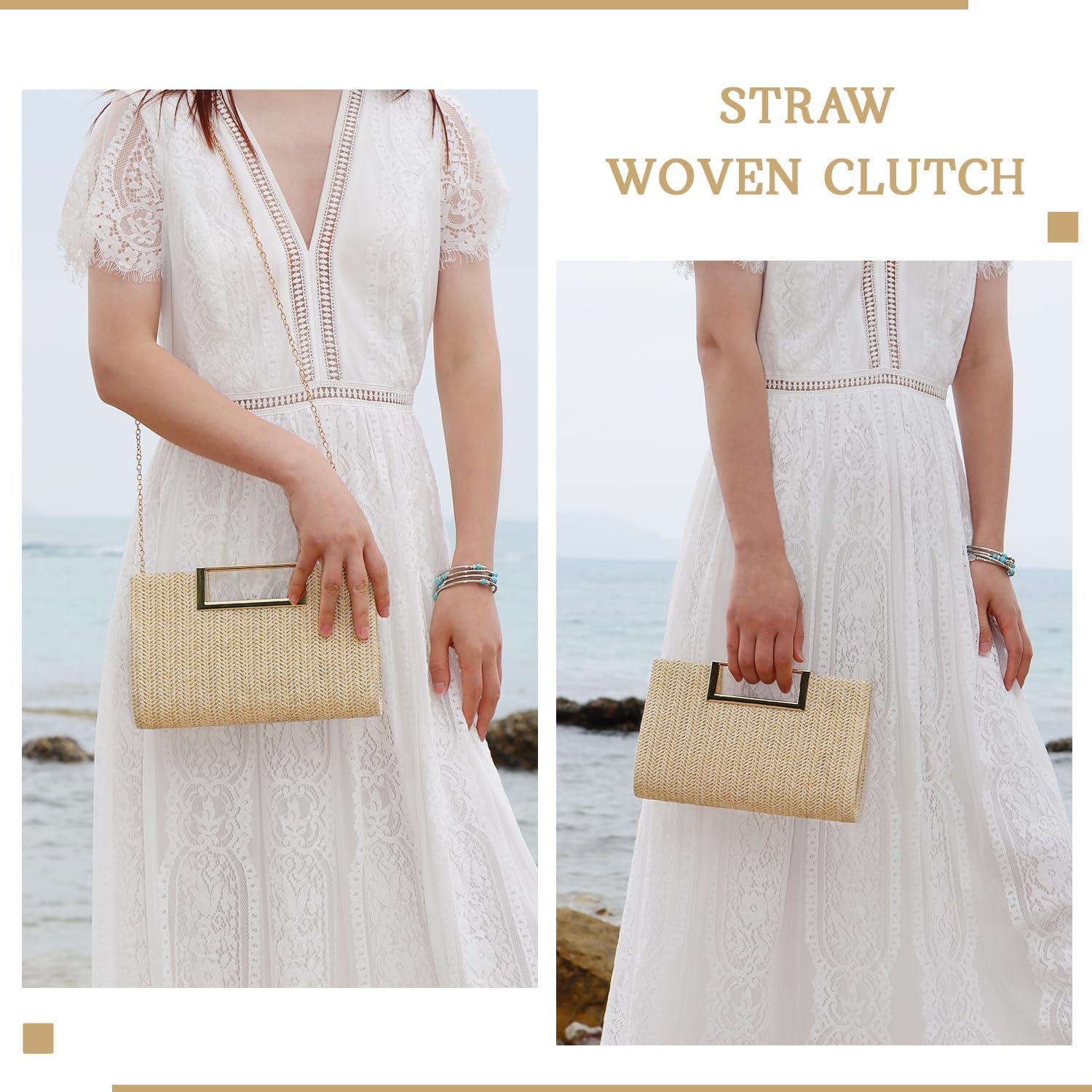 Top Handle Straw Clutch for Women Summer Clutch Straw Evening Bag Raffia Crossbody Purses Woven Beach Clutch - Image 2