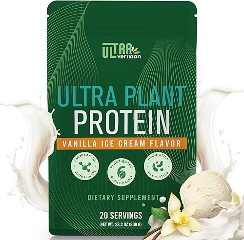 Proteína en polvo a base de plantas de 1.06 oz, proteína vegana 5 en 1, vainilla, 0.00 oz de azúcar, con 20 mil millones de UFC de probióticos,