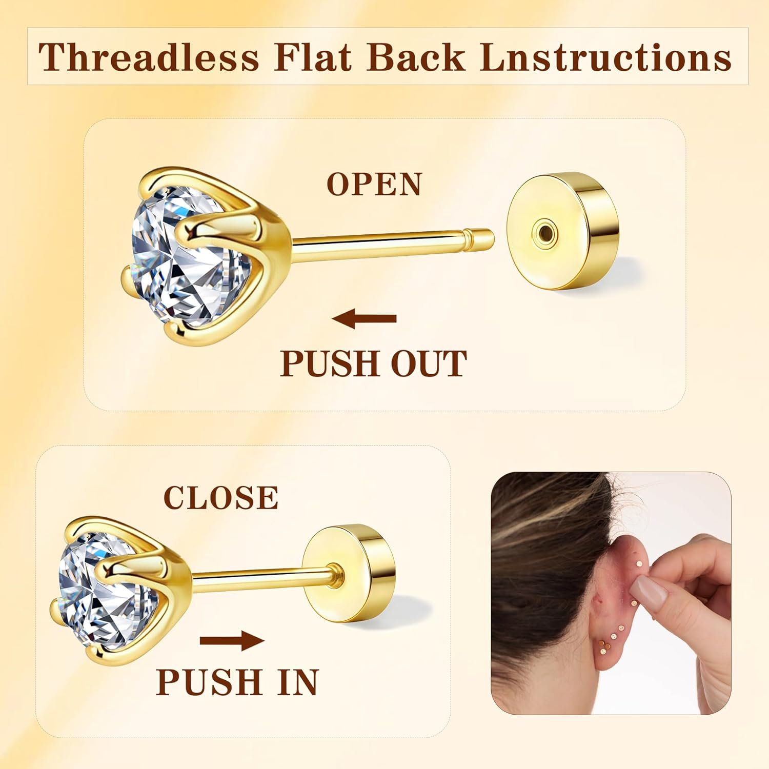 1-5Pairs Flat Back Earrings Set (2-6mm), Push Pin Cartilage Stud earrings for Women, 14K Gold Filled Cubic Zirconia Stacking Earrings Studs, Hypoallergenic Helix Piercing Jewelry, No Screw for Sleeping - Image 2