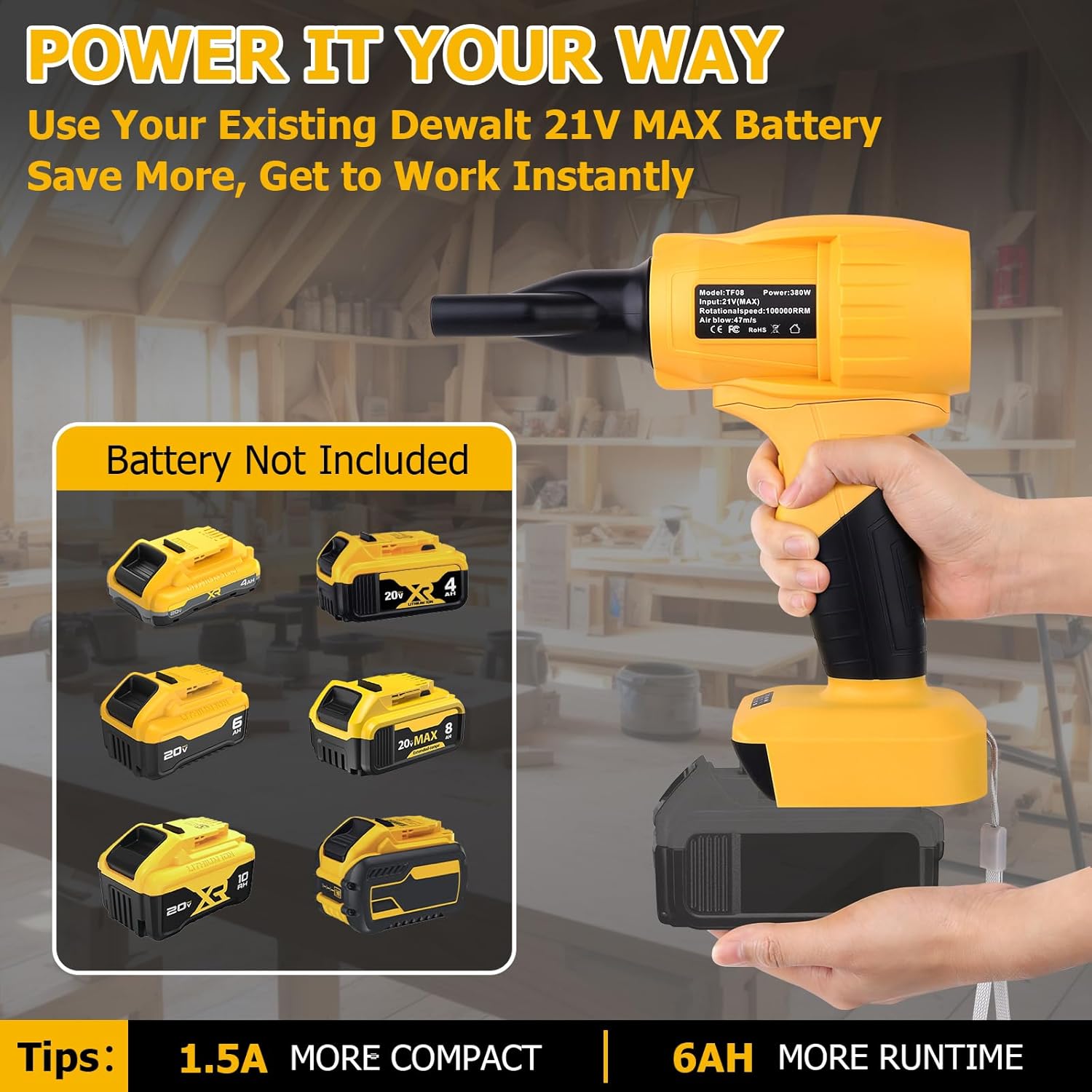 Leaf Blower Cordless, 380W 100,000 RPM Handheld Blower with 3 Speeds up to 47m/s, 8-21V Battery Compatible (for DeWalt,exclude) Lightweight Mini Electric Blower for Yard, Patio, Car, Driveway Cleaning