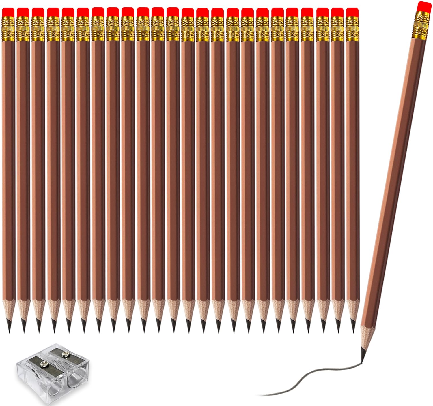 Adhere Wood-Cased pencils Pre-Sharpened 2B Pencils with Eraser, 25-Pack with free Sharpener ideal for home, office, or classroom writing (Brown)